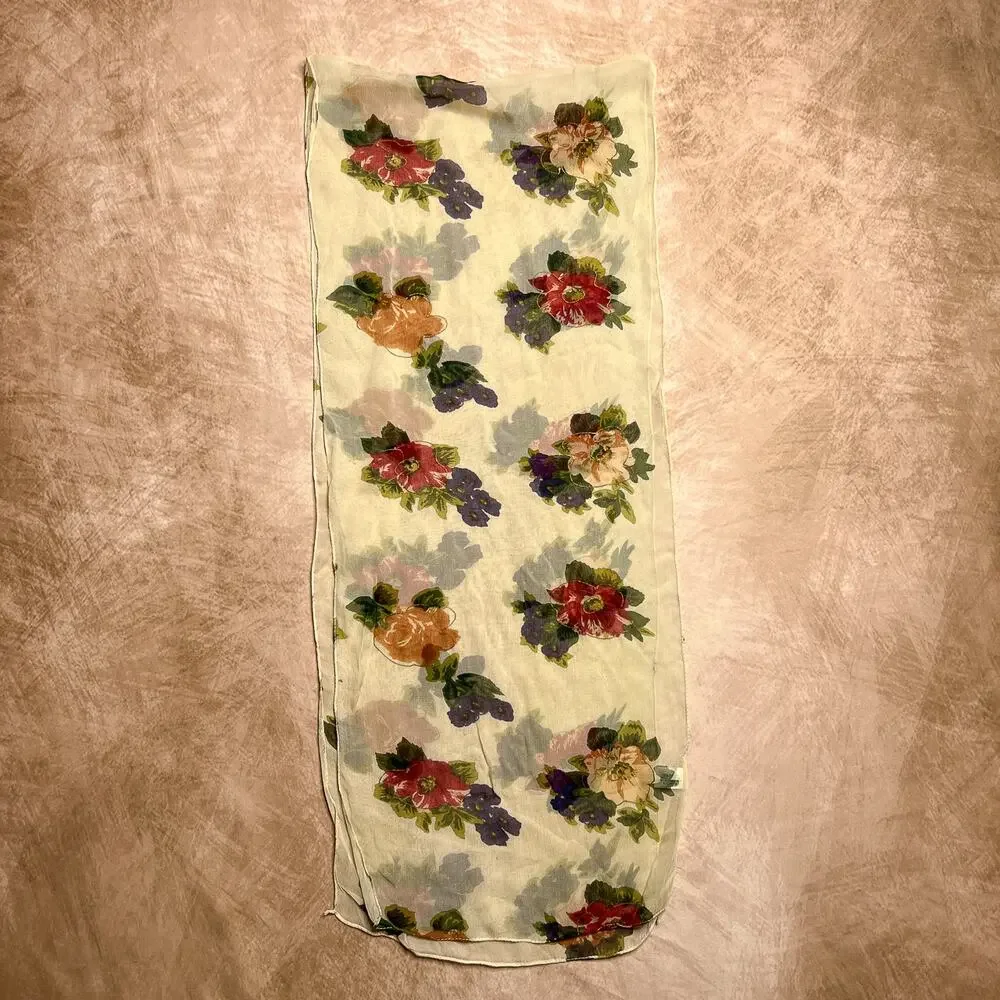 Vintage 90s Berkshire Floral Mesh Scarf Neckerchief Ascot Sheer Retro Mod Boho